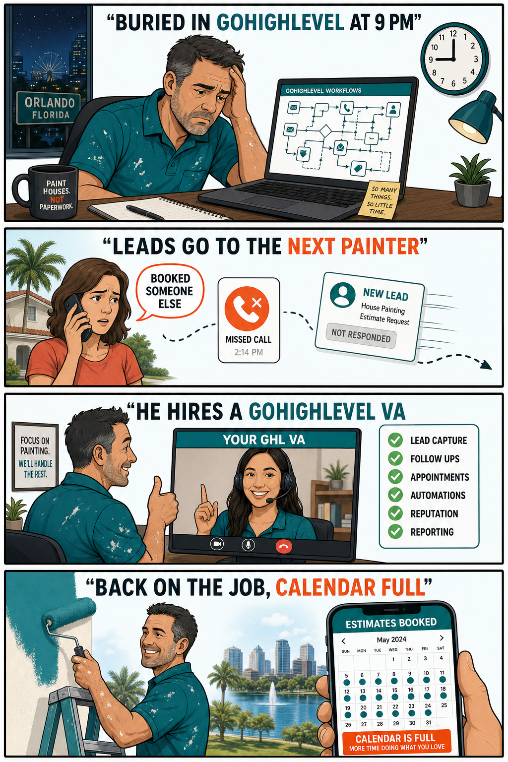 Four-panel illustration of an Orlando painting contractor's story: buried in GoHighLevel admin at night, missing leads to competitors, hiring a GoHighLevel VA, then back on the job site with a full calendar