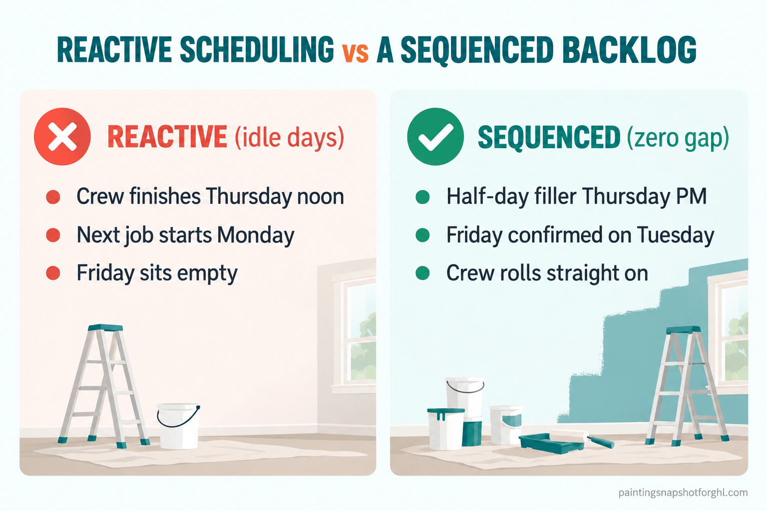 Comparison slide titled Reactive Scheduling vs a Sequenced Backlog. Left column reactive with idle days: crew finishes Thursday noon, next job starts Monday, Friday sits empty. Right column sequenced with zero gap: half-day filler Thursday PM, Friday confirmed on Tuesday, crew rolls straight on