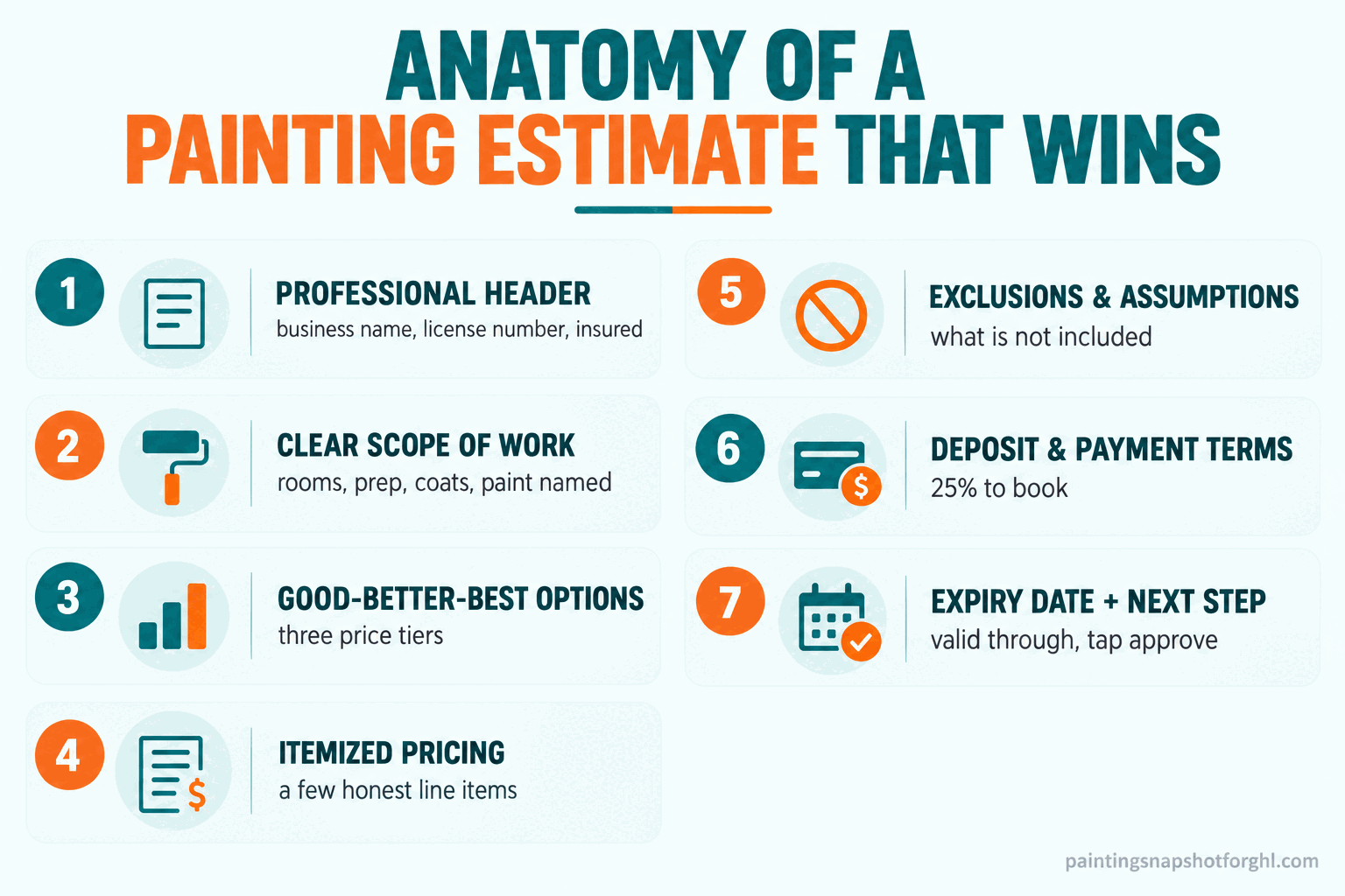 Infographic titled Anatomy of a Painting Estimate That Wins, showing the seven labeled parts of a winning painting estimate stacked top to bottom: 1 a professional header with license number, 2 a scope the customer can picture, 3 good-better-best options, 4 itemized pricing, 5 exclusions and assumptions, 6 deposit and payment terms, 7 an expiry date and next step