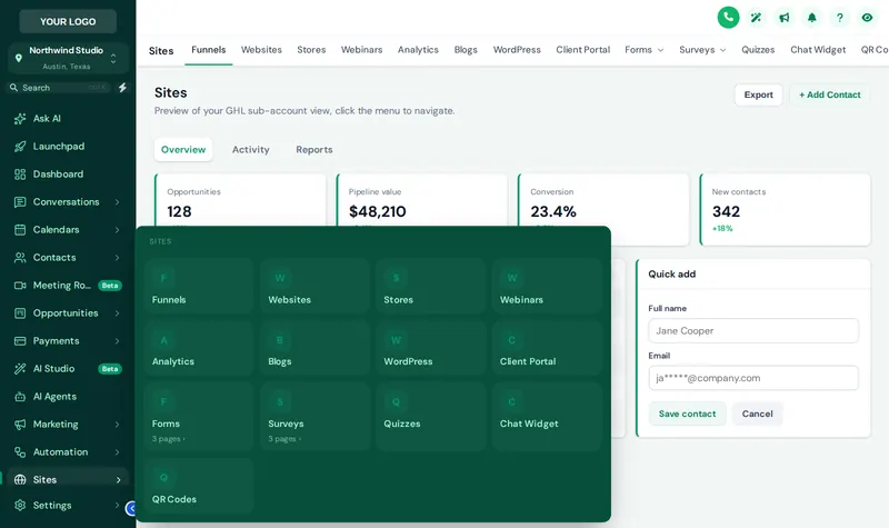 Forest Finance sidebar with the Sites mega menu open in tiles