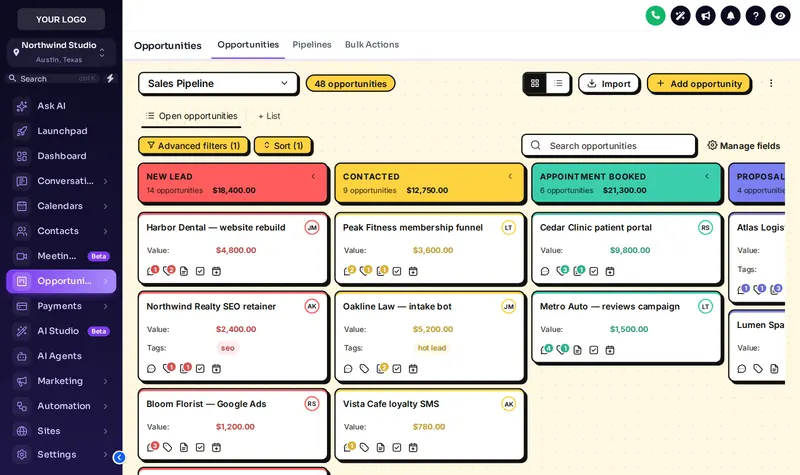 Neo Brutal design on the GoHighLevel opportunities board